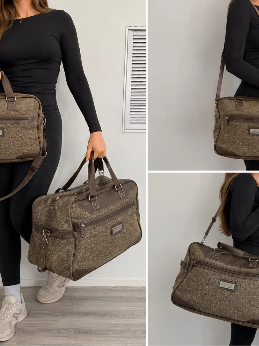 Jordache Brown Tweed Duffel Bag with Dark Brown Trim